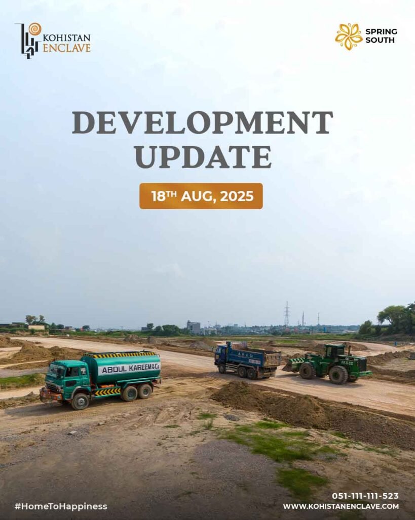 Kohistan Enclave construction site with trucks and excavator