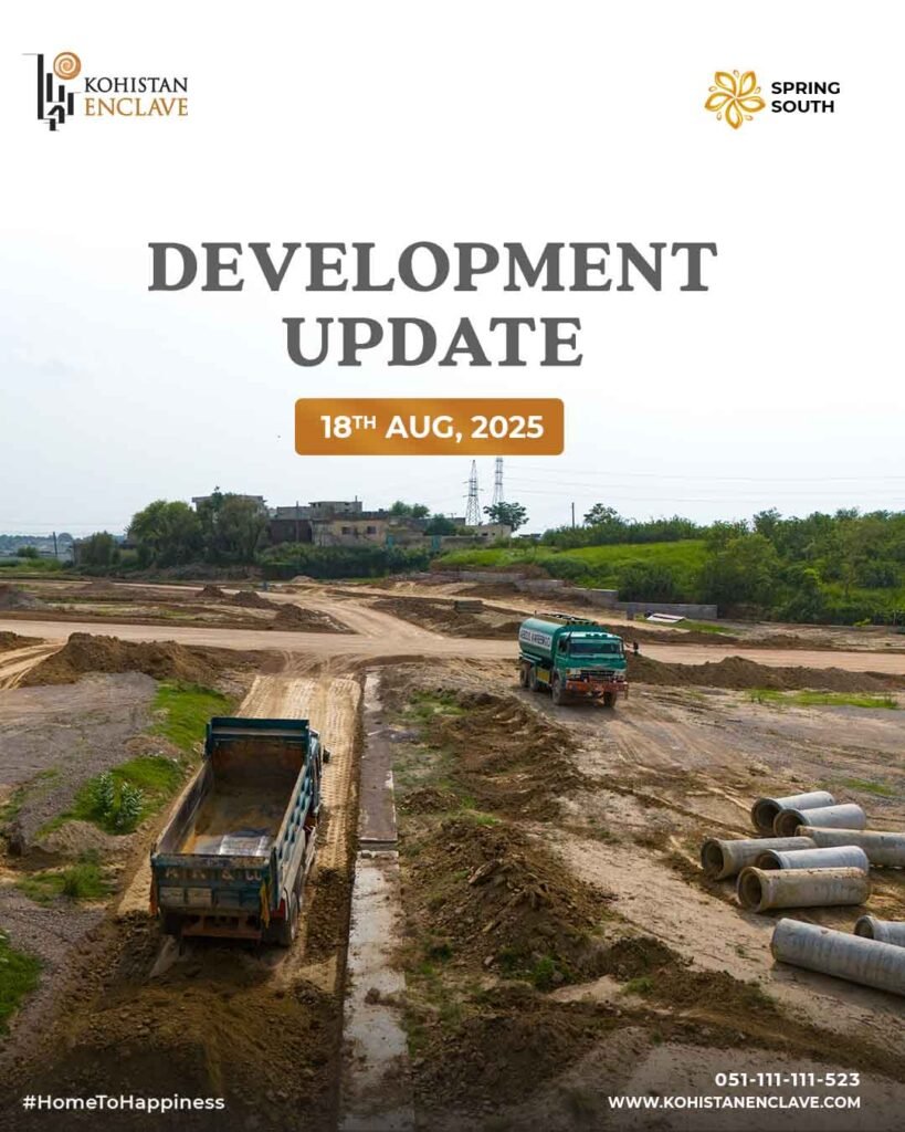 Kohistan Enclave construction site with trucks and greenery